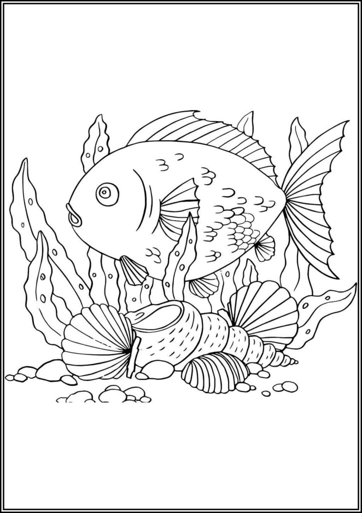 A Beautiful Fish Swims Above The Seashells - TotalColoring.Com