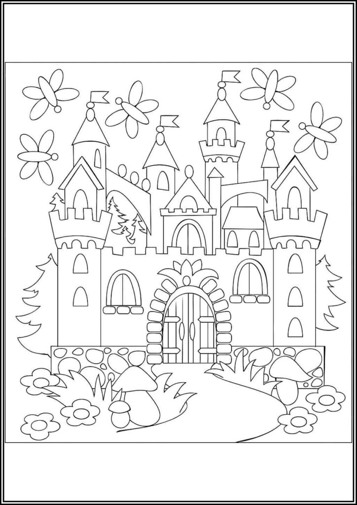 Castle And Butterflies Coloring - TotalColoring.Com