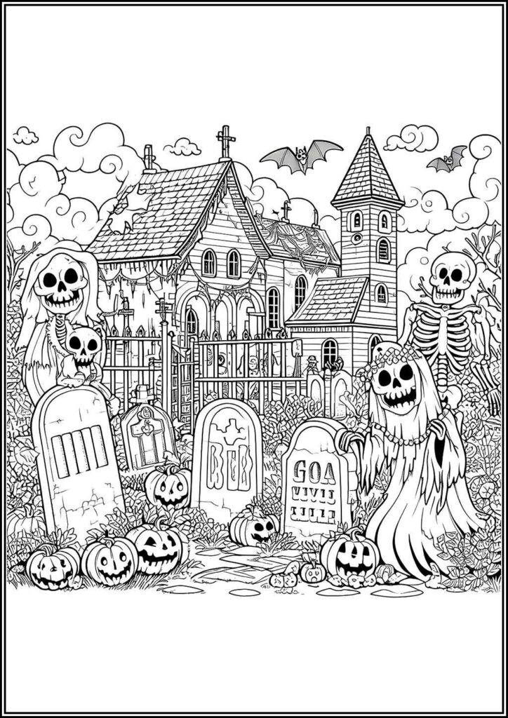 Scary Halloween Cemetery Coloring - TotalColoring.Com